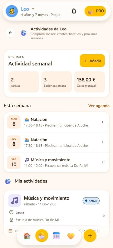 Actividades de un peque: resumen semanal, sesiones de esta semana y coste mensual.