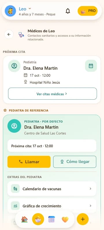 Médicos de un peque: próxima cita, pediatra de referencia y accesos rápidos.