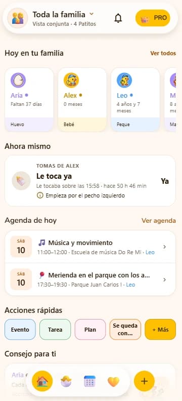 Inicio de Toda la familia: tarjetas de cada patito, lo que toca ahora, la agenda de hoy y acciones rápidas.