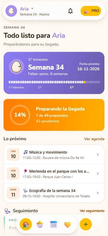 Inicio durante el embarazo: semana 34, fecha prevista y progreso de los preparativos.